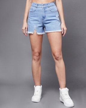 distressed denim shorts with frayed hem