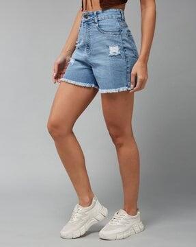 distressed denim shorts with frayed hem