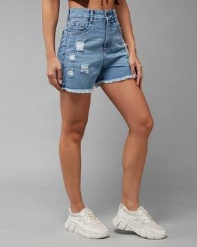 distressed denim shorts with frayed hem