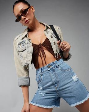 distressed denim shorts with frayed hem