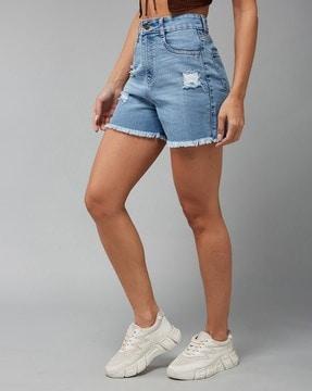 distressed denim shorts with fringes