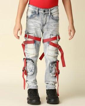 distressed slim fit jeans with cargo pockets