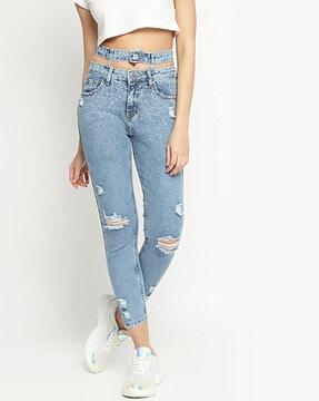 distressed slim-fit jeans with dual waistband