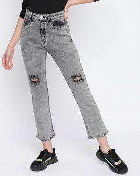 distressed straight fit jeans