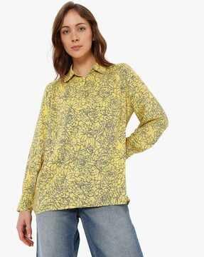 disty floral print top with spread collar