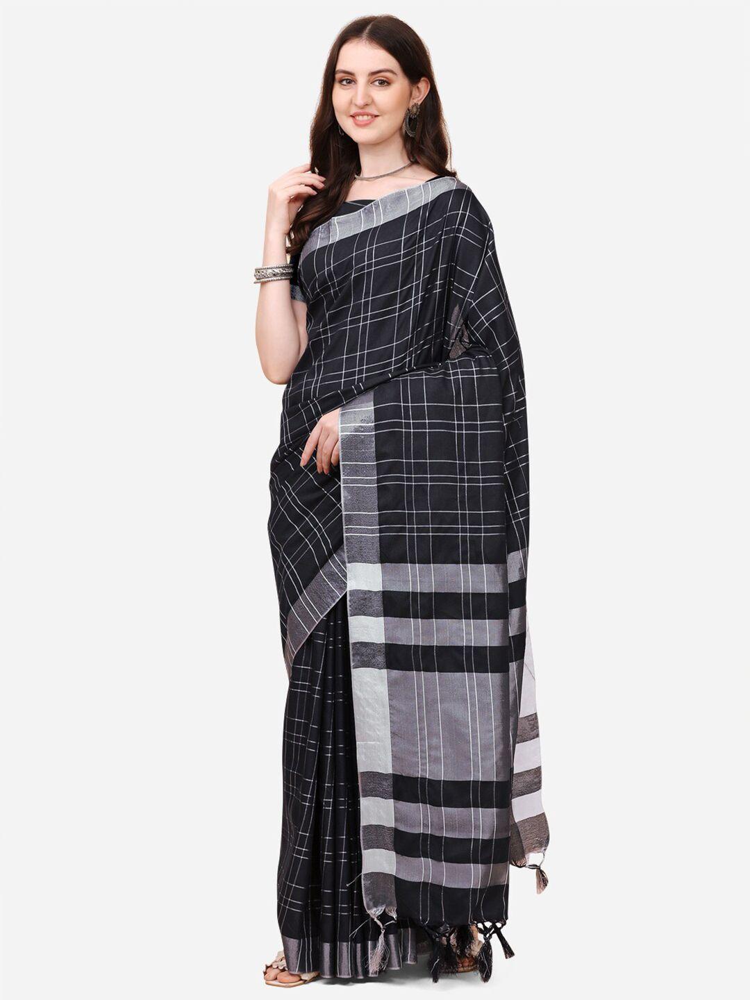 ditisa fashion black & silver-toned checked zari linen blend saree