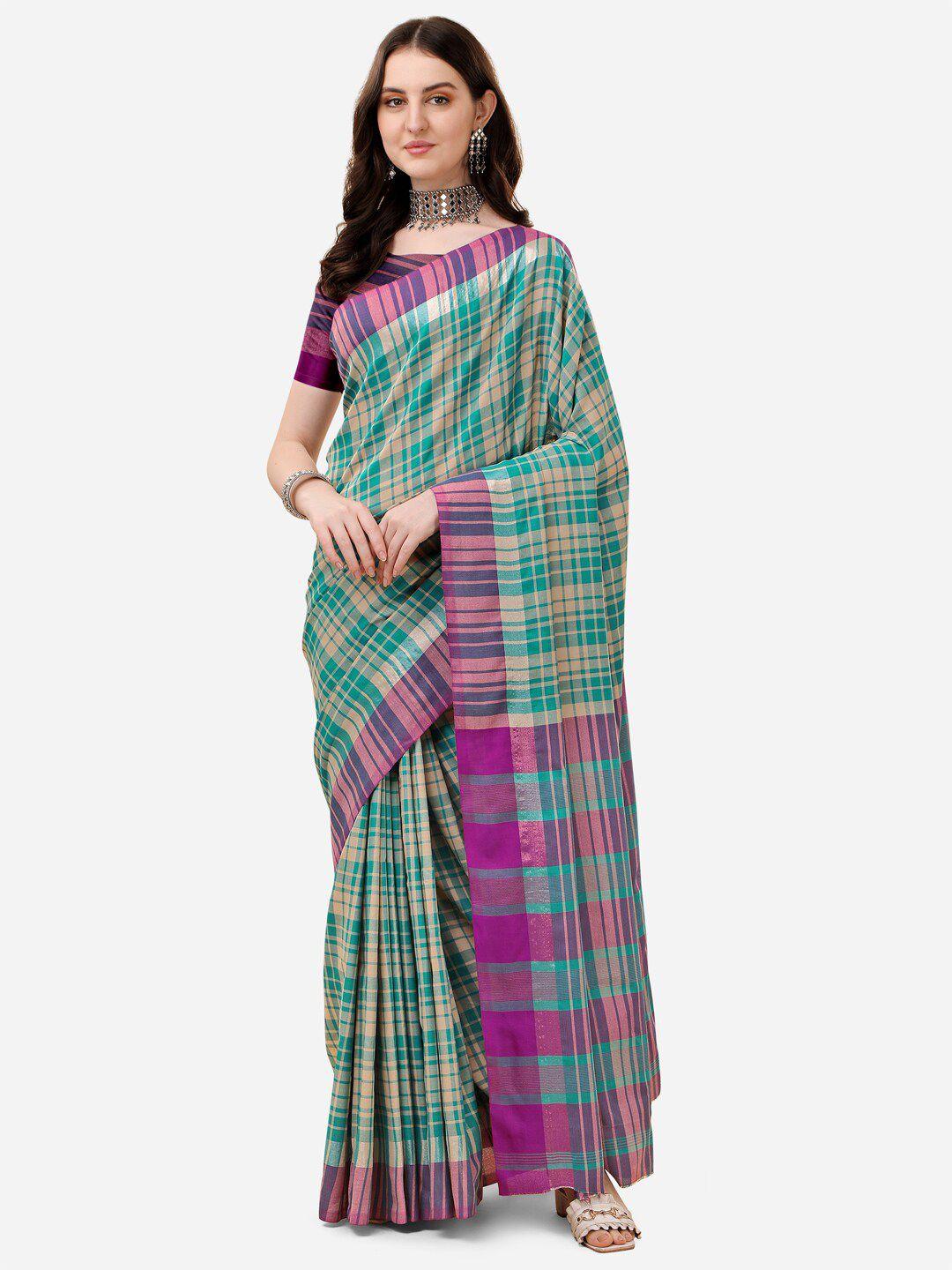 ditisa fashion green & purple checked zari linen blend saree