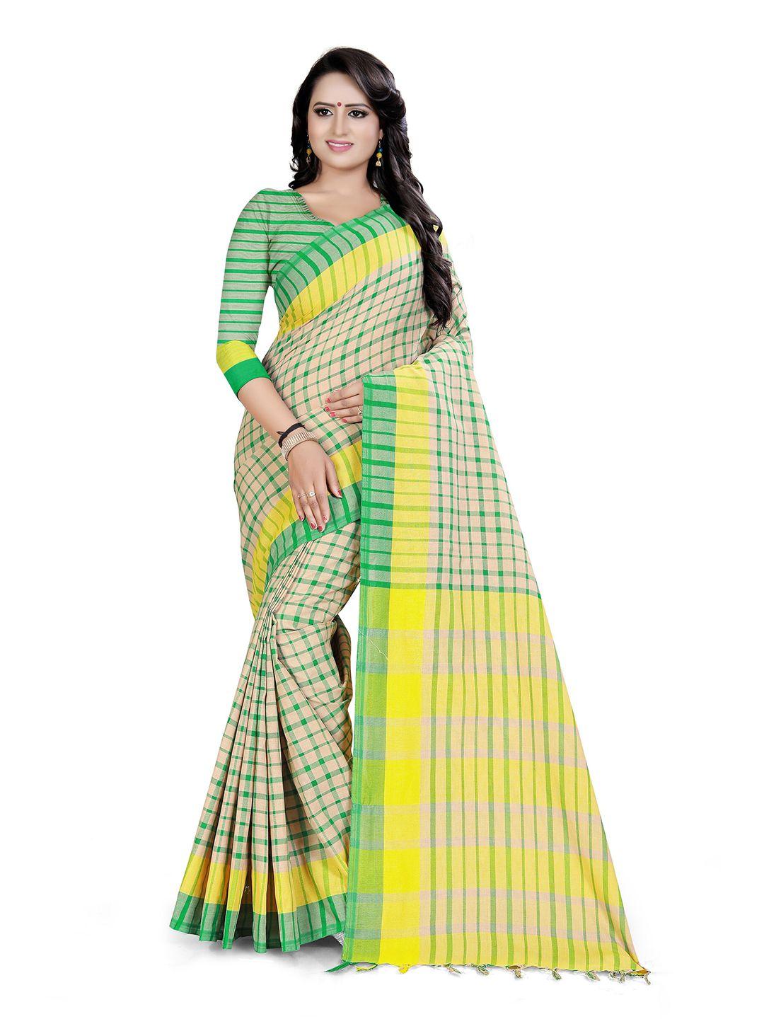 ditisa fashion green & yellow checked linen blend saree