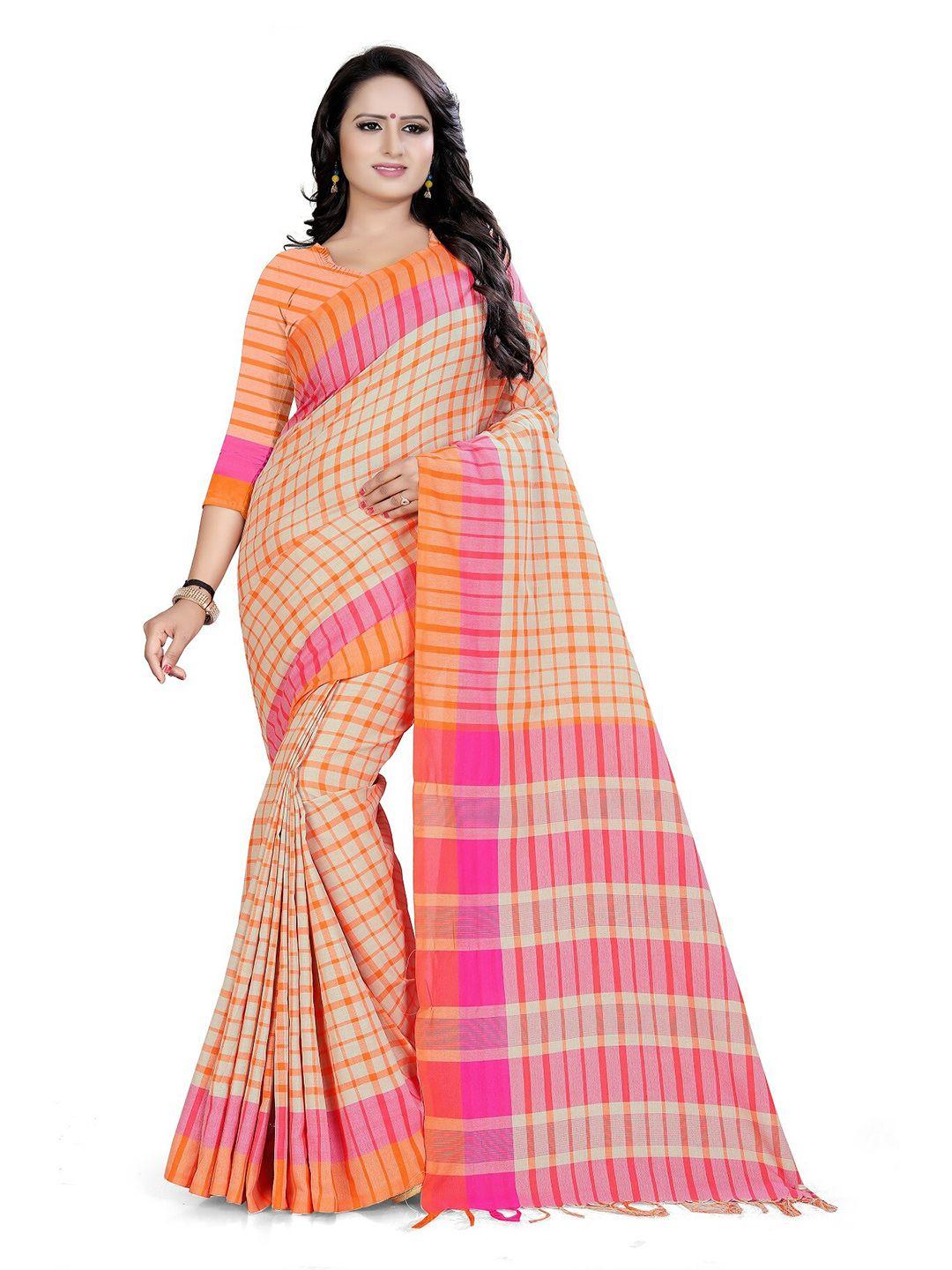 ditisa fashion orange & pink checked linen blend saree