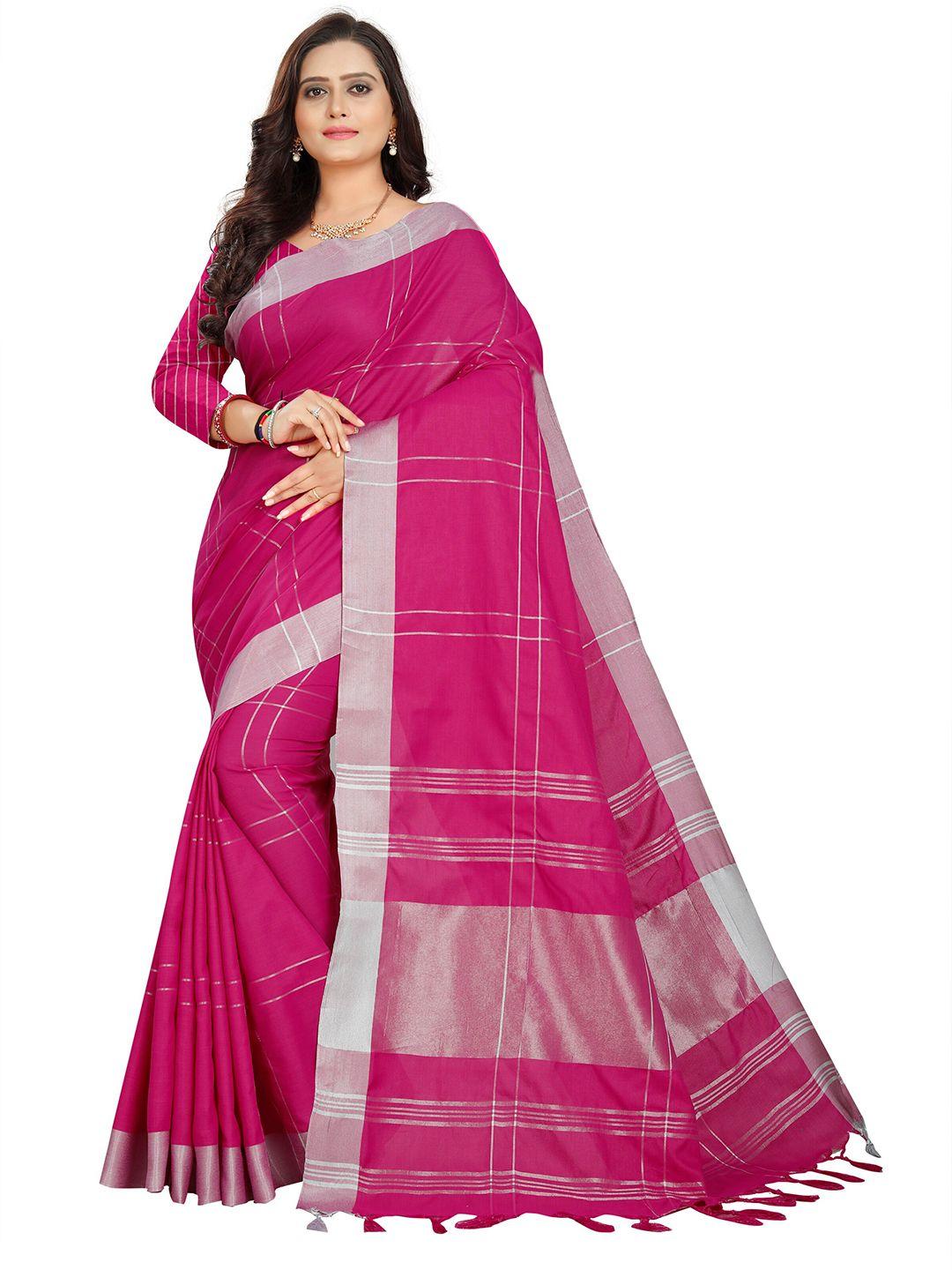 ditisa fashion pink & silver-toned checked zari linen blend block print saree