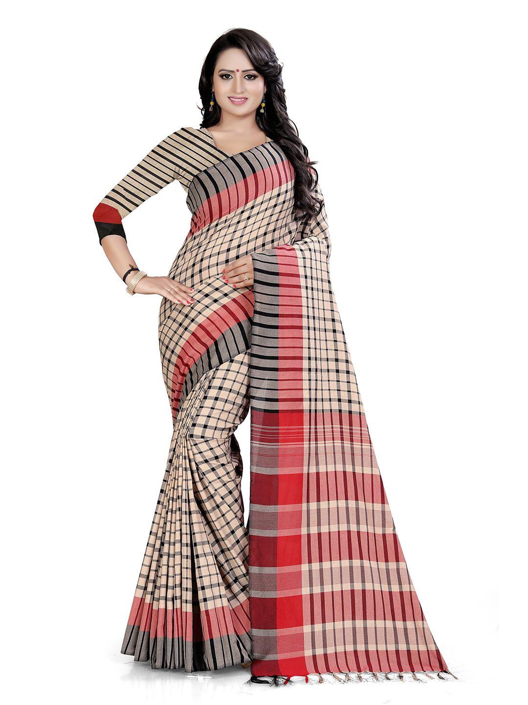 ditisa fashion red & beige checked linen blend saree