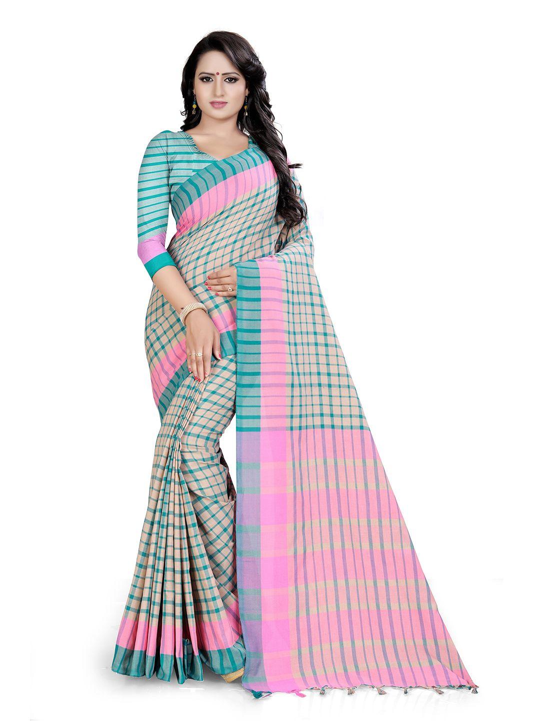 ditisa fashion turquoise blue & pink checked linen blend saree