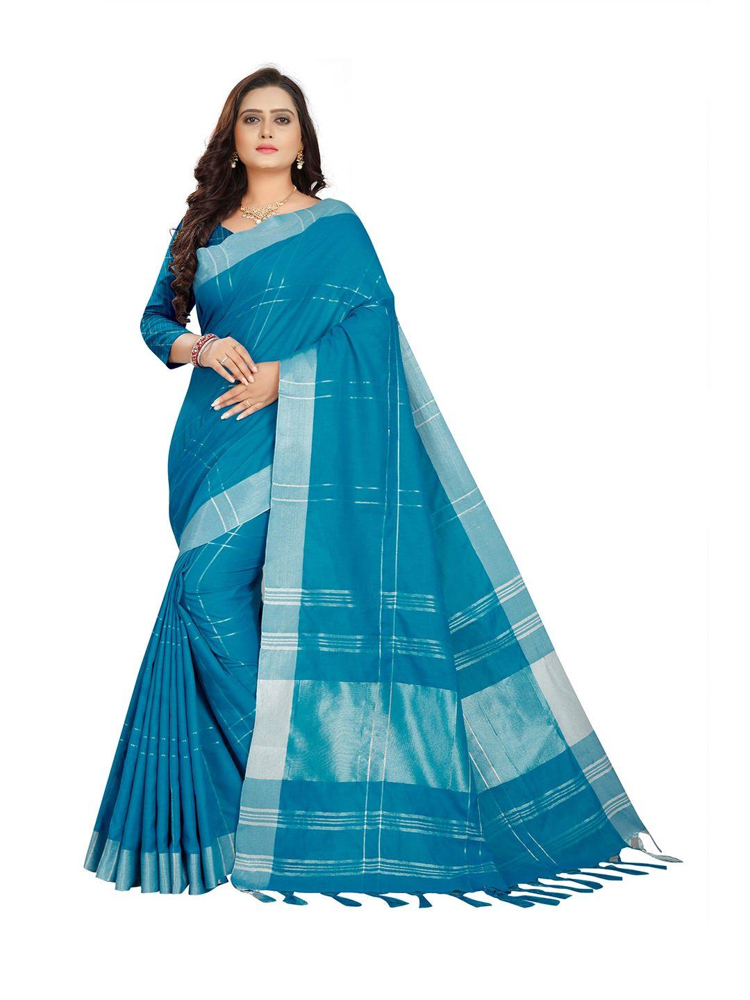 ditisa fashion turquoise blue & silver-toned checked zari linen blend block print saree