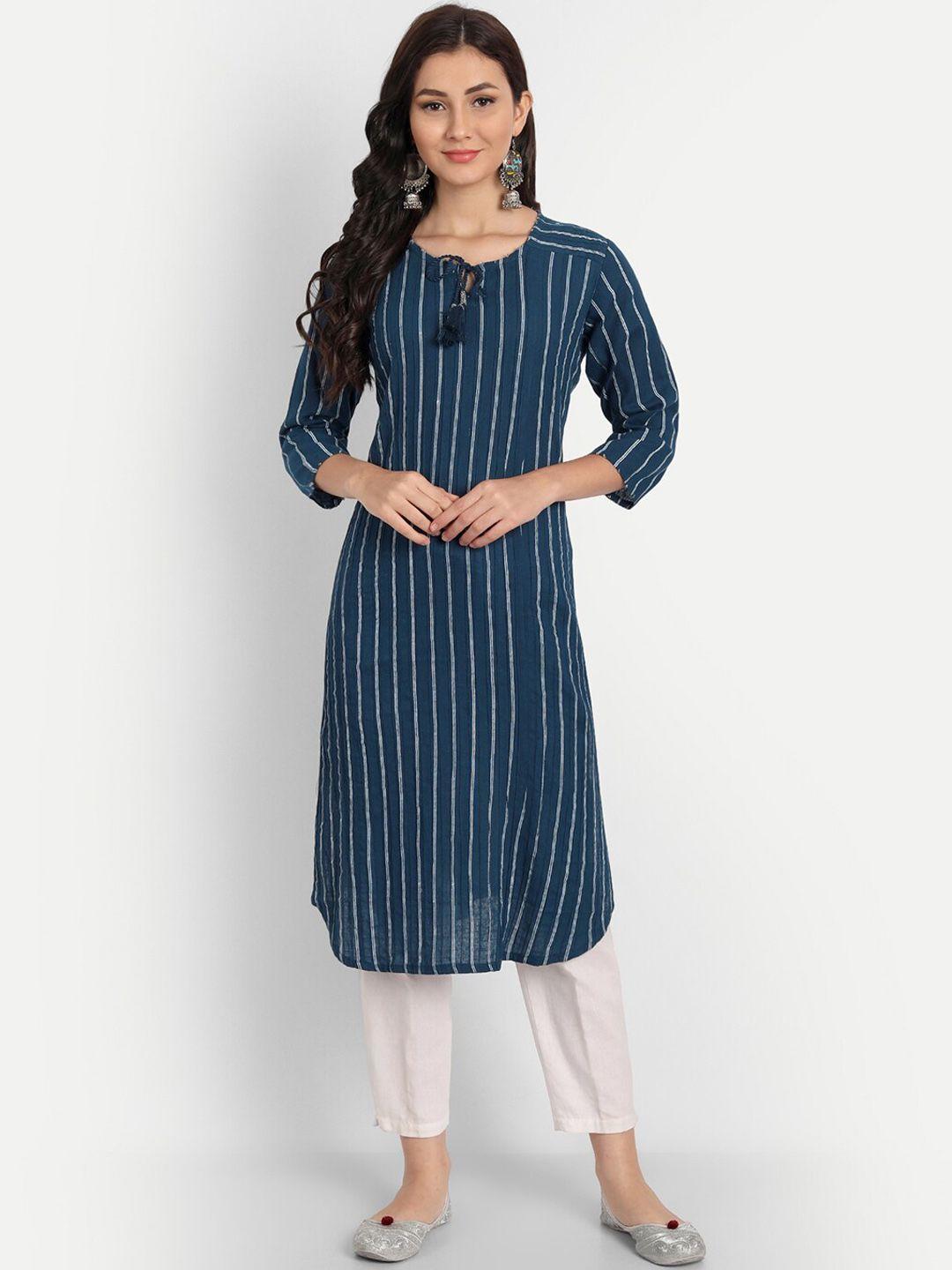 ditisa fashion women blue striped keyhole neck thread work kurta