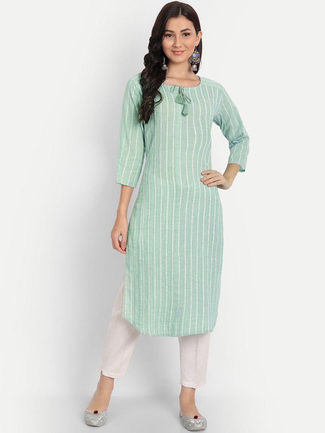 ditisa fashion women green striped keyhole neck thread work kurta