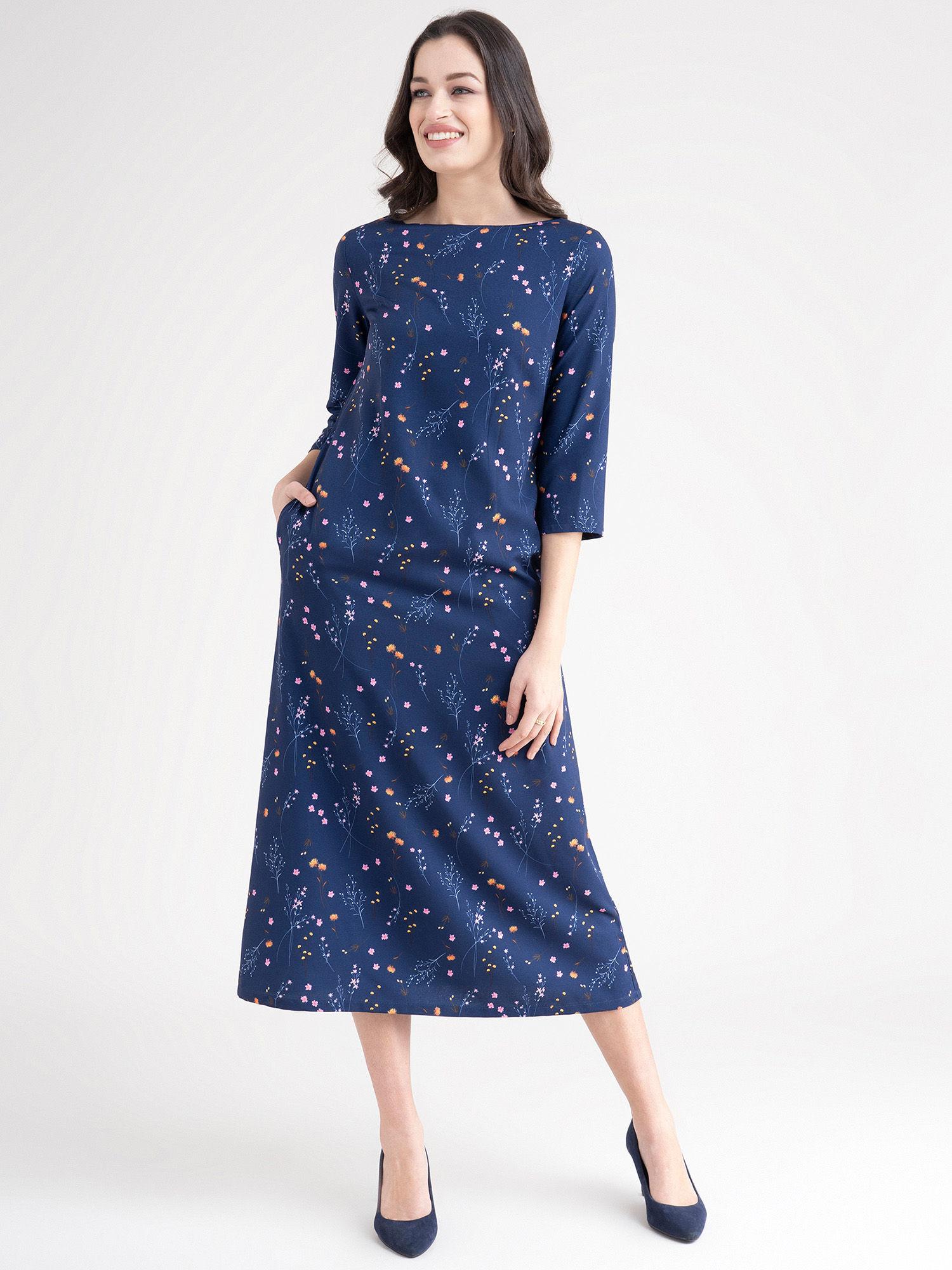 ditsy floral a line dress navy blue