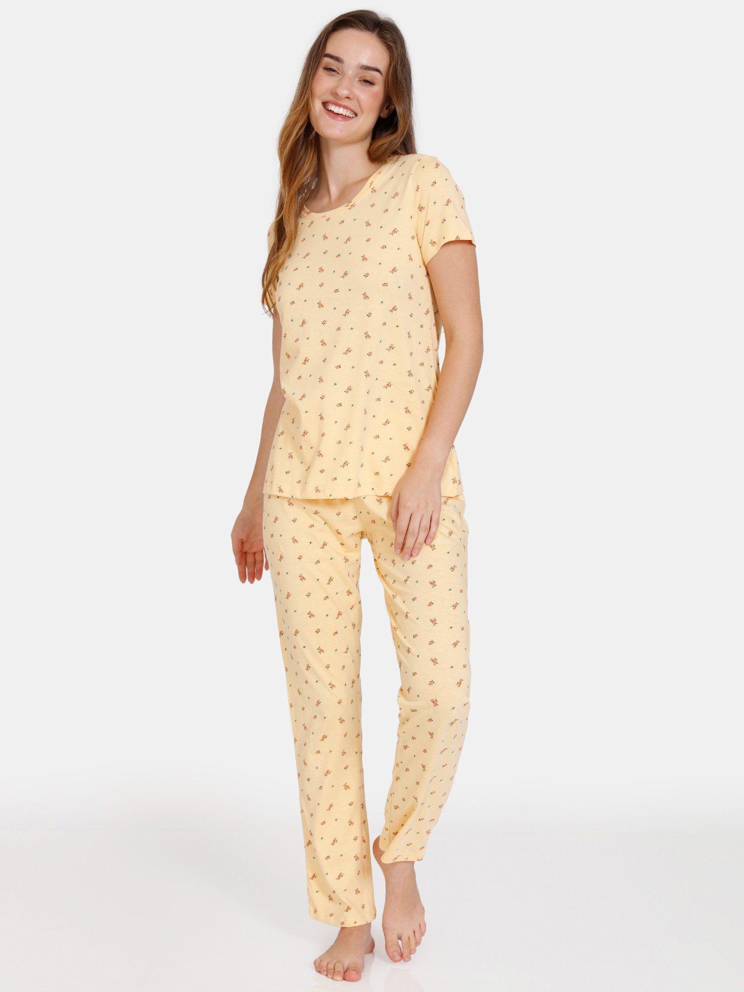 ditsy florals knit cotton pyjama set - buff - yellow