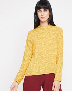 ditsy print high-neck top with overlapped back