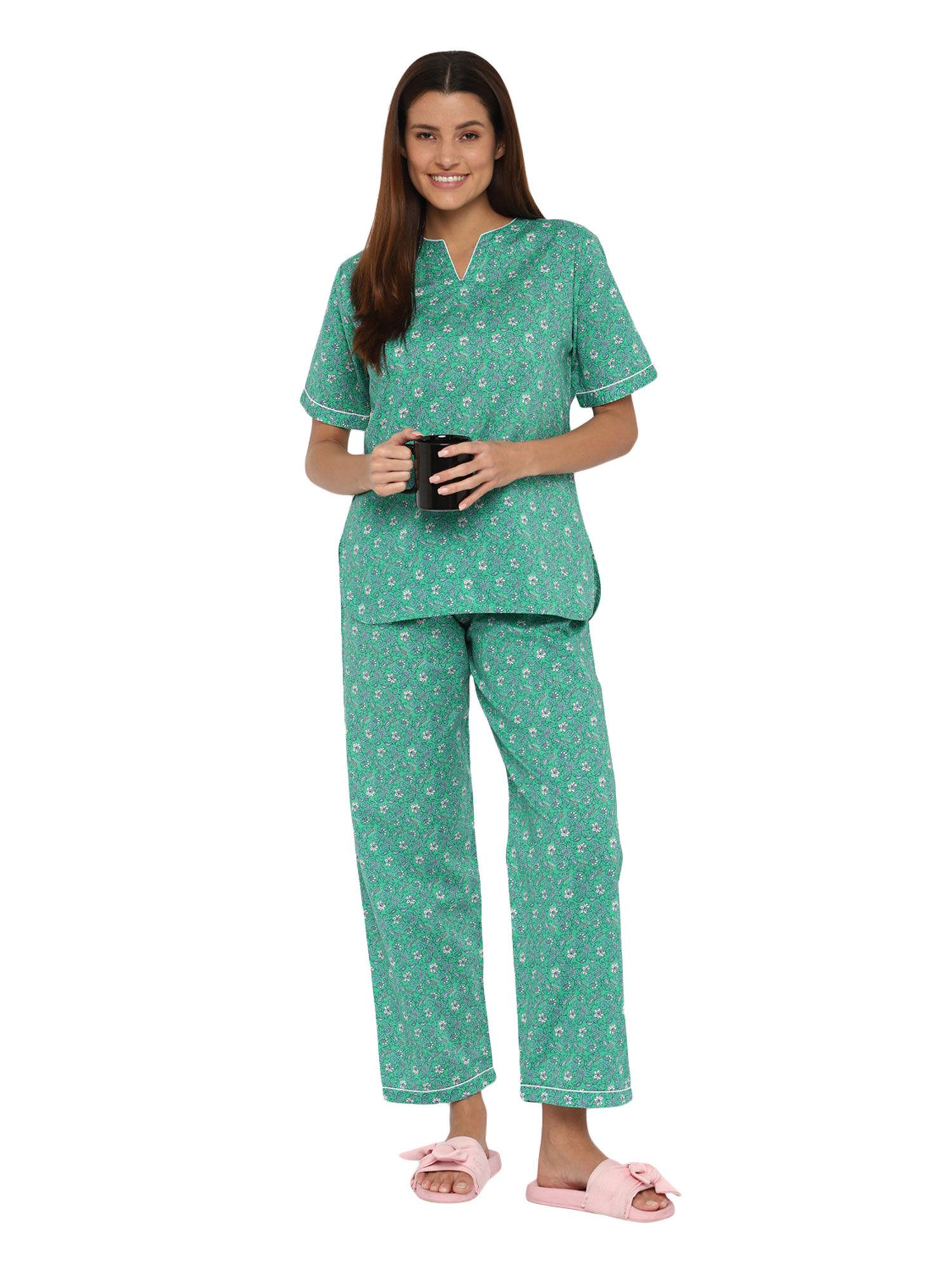 ditsy print short sleeve women's night suit - green