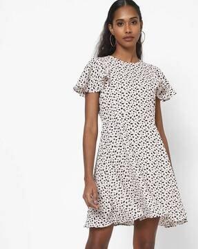 ditsy print skater dress with flounce sleeves