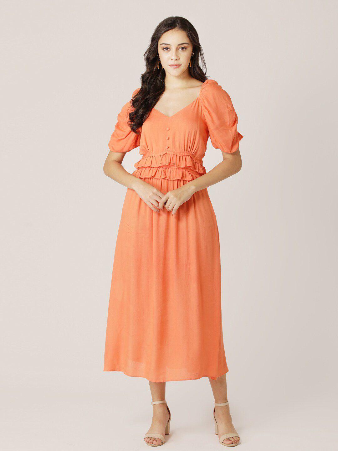 diva walk exclusive orange midi fit and flare dress