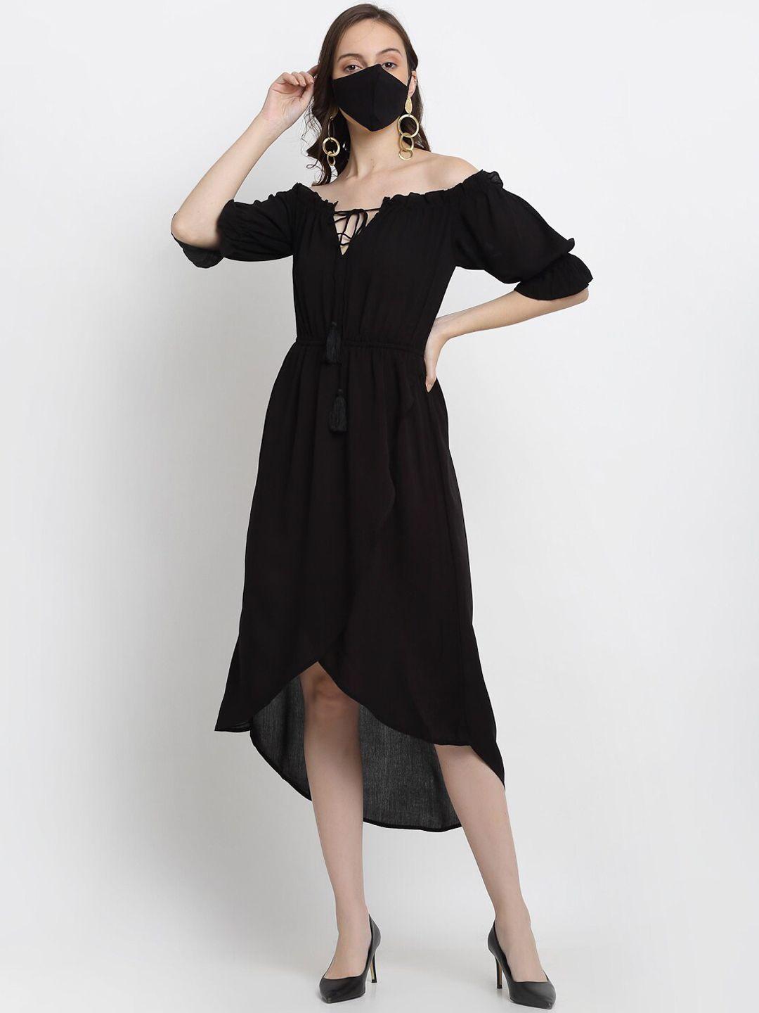 diva walk exclusive women solid black off-shoulder crepe a-line midi dress