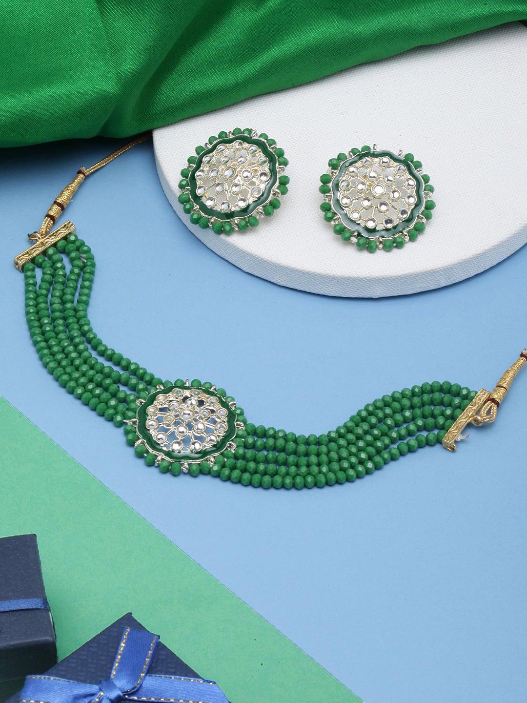 diva walk gold plated kundan studded & pearl beaded jewellery set