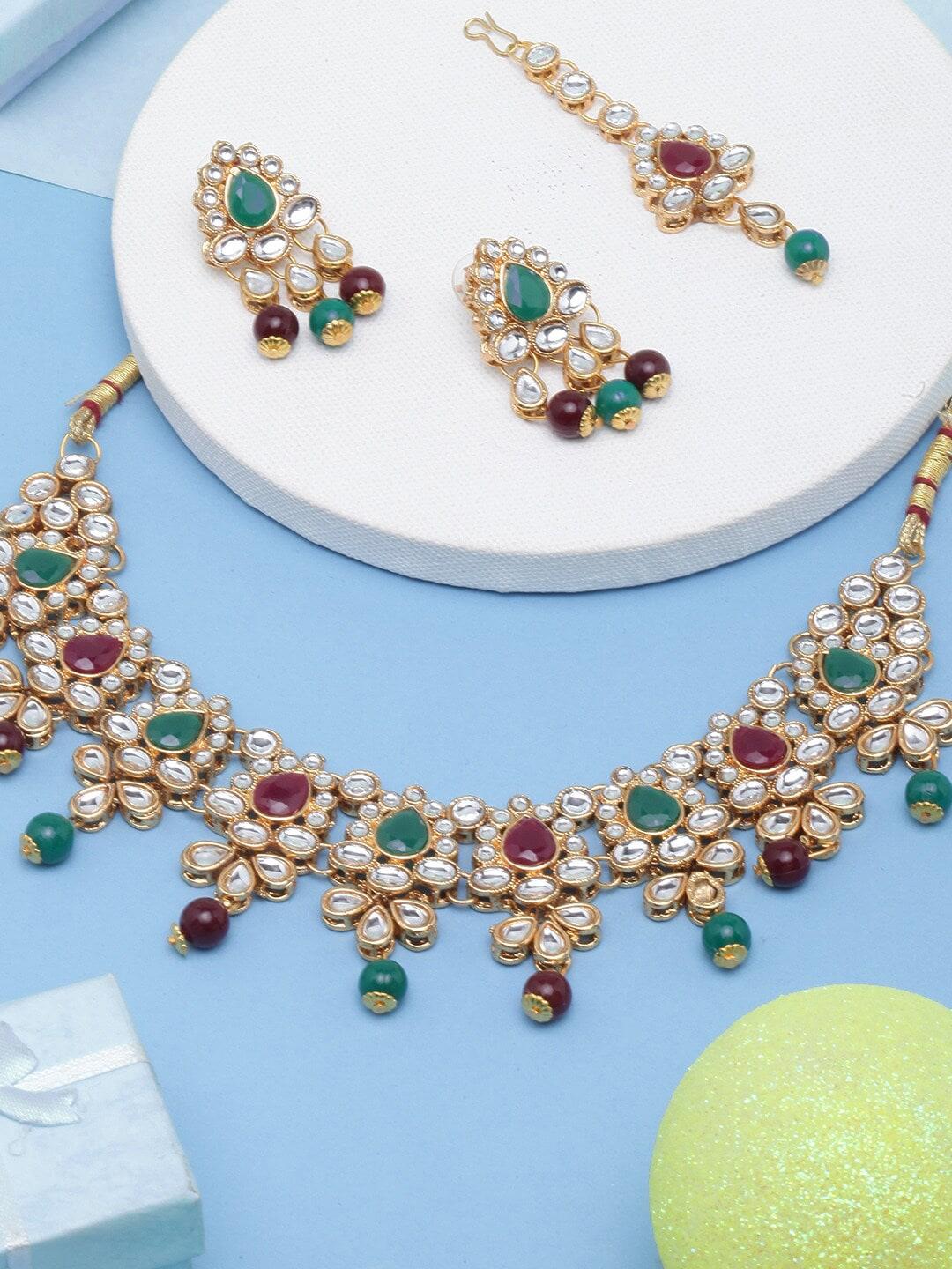 diva walk gold plated kundan studded & pearl beaded jewellery set