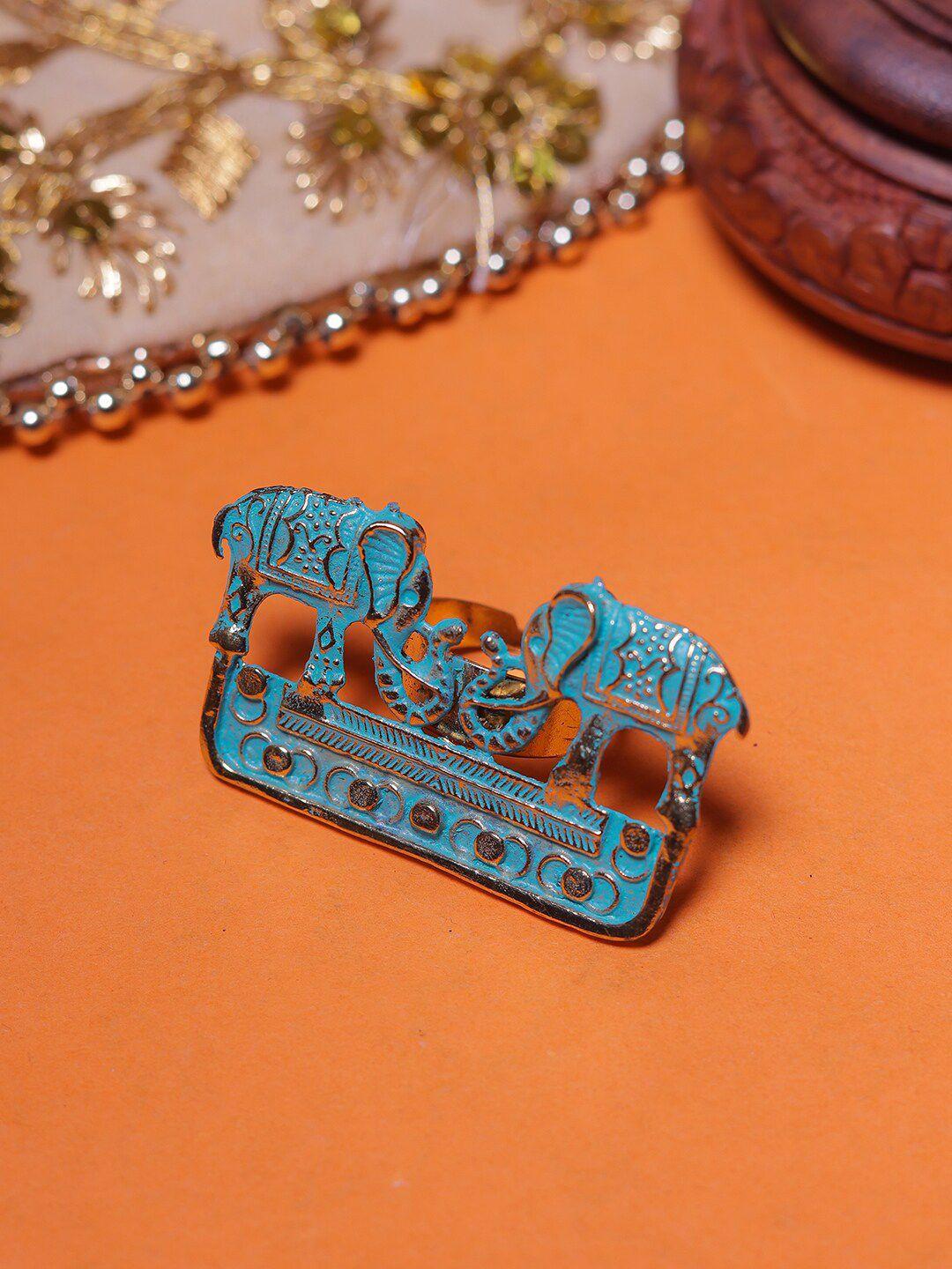 diva walk gold-plated & blue hand-painted elephant shaped adjustable finger ring
