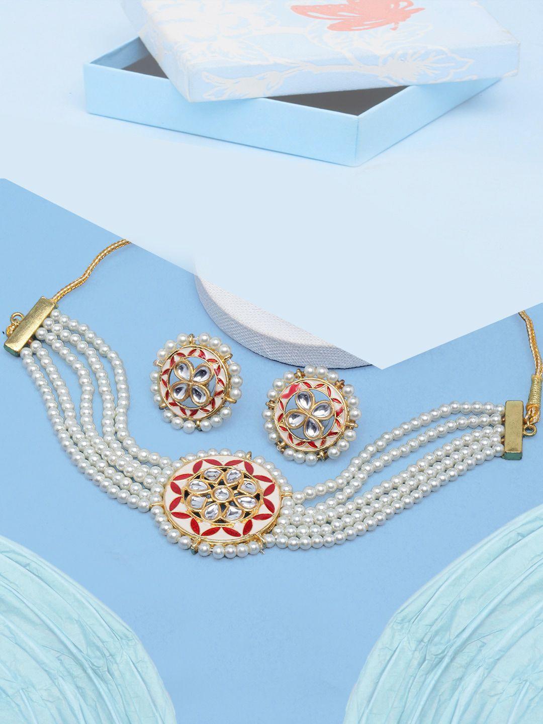diva walk gold-plated stone studded enamelled necklace & earrings set