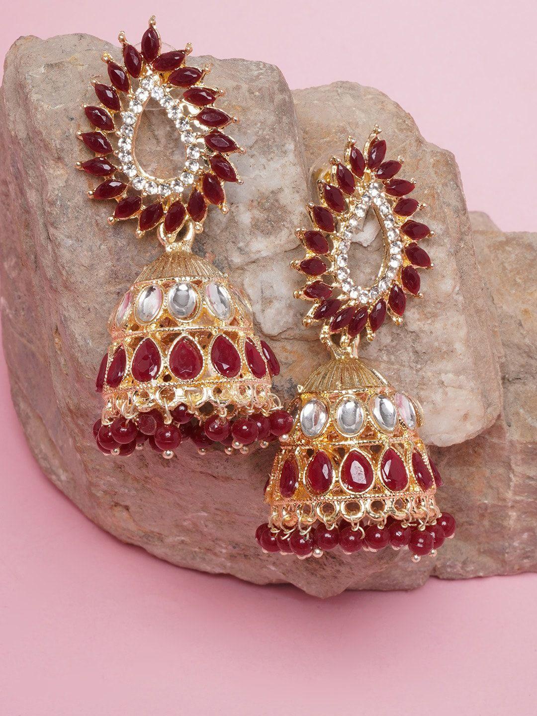 diva walk maroon & gold-toned contemporary jhumkas earrings