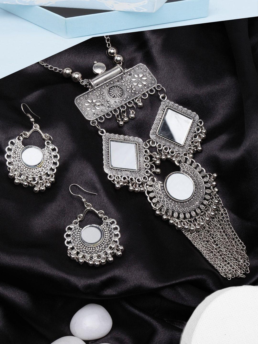 diva walk silver-plated mirror-studded & beaded jewellery set
