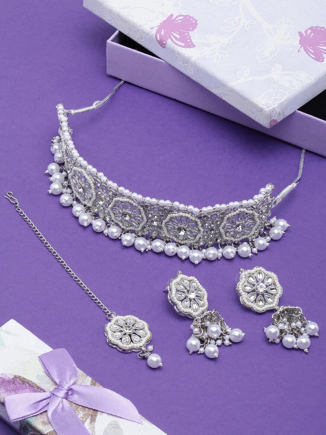 diva walk silver-plated stone studded & beaded jewellery set