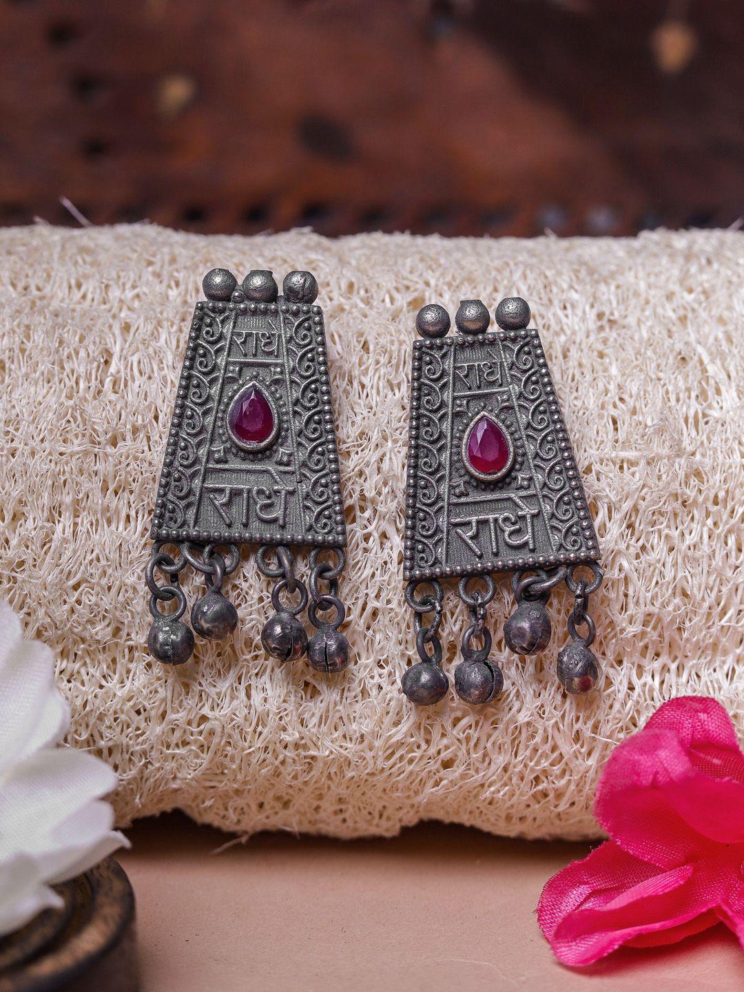 diva walk silver-toned & maroon geometric drop earrings