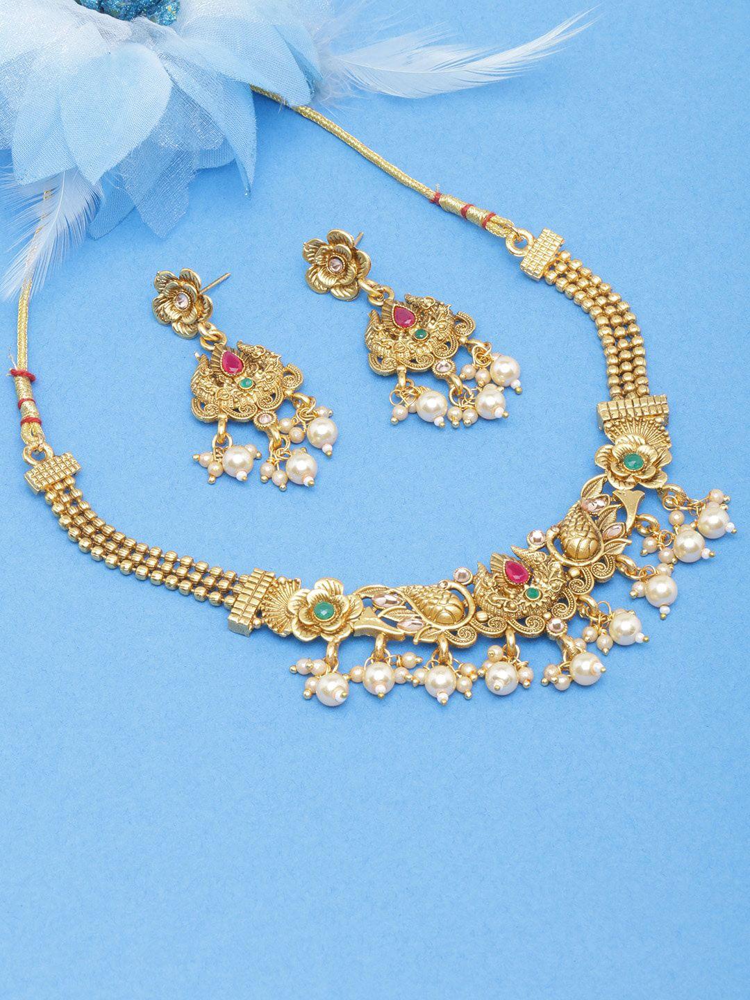 diva walk women gold-plated stones studded temple necklace & earrings set