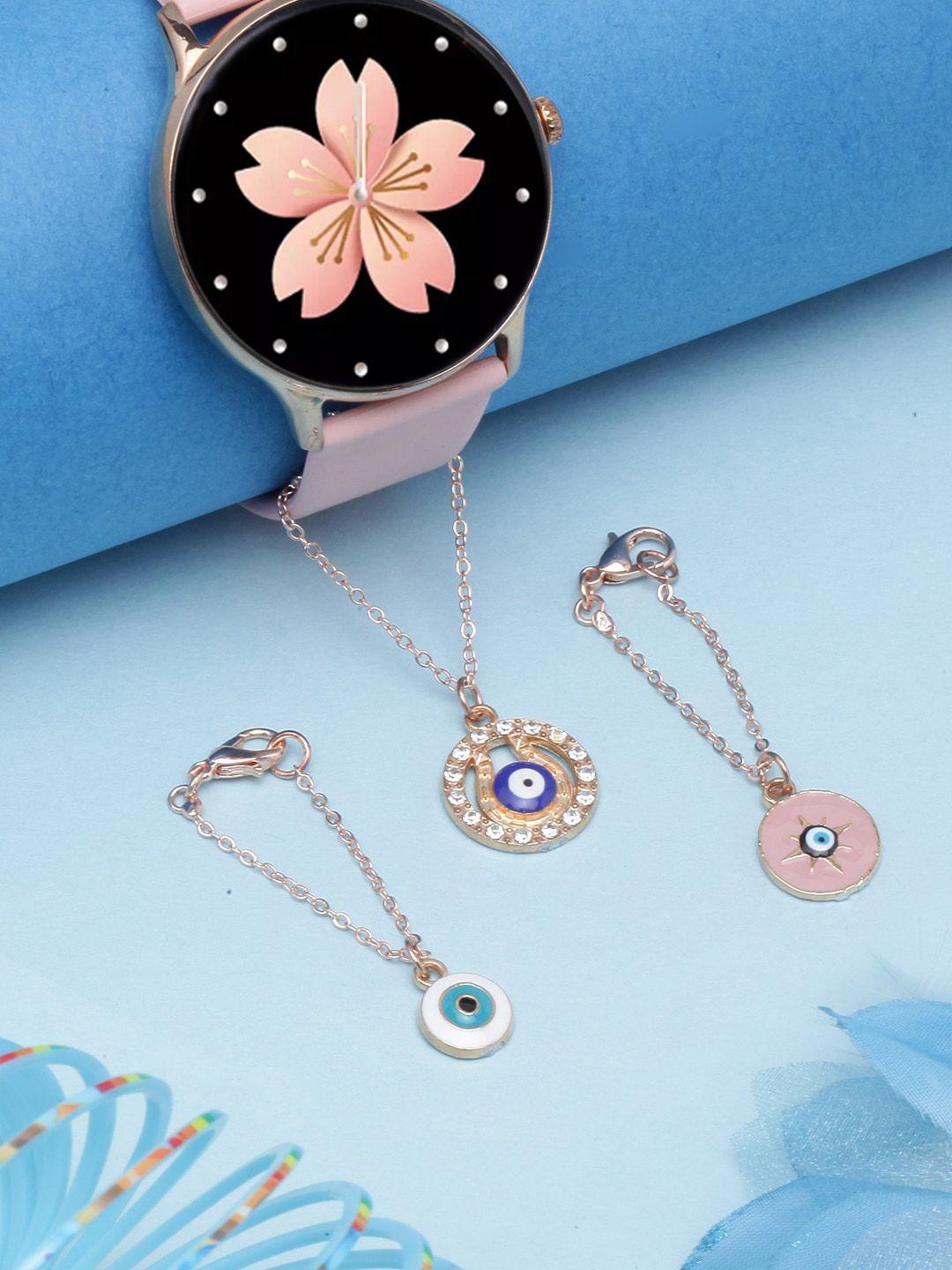 diva walk women set of 3 gold-plated stone-studded evil eye enamelled watch charms