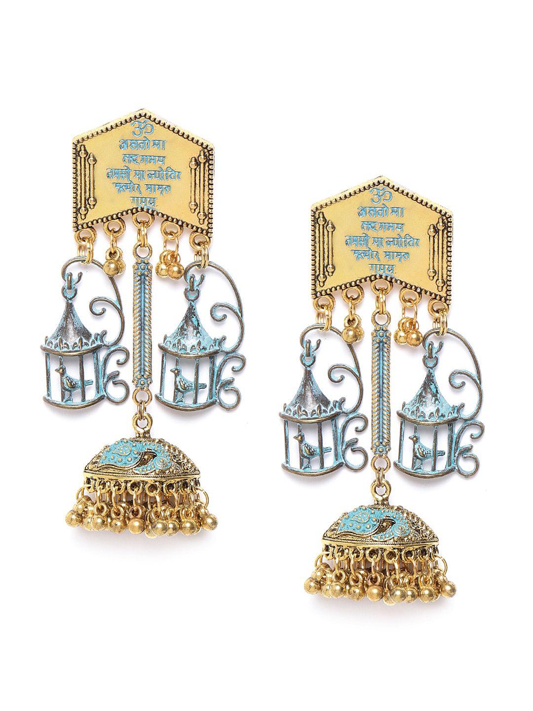 diva walk antique gold-toned & blue enamelled handcrafted classic drop earrings