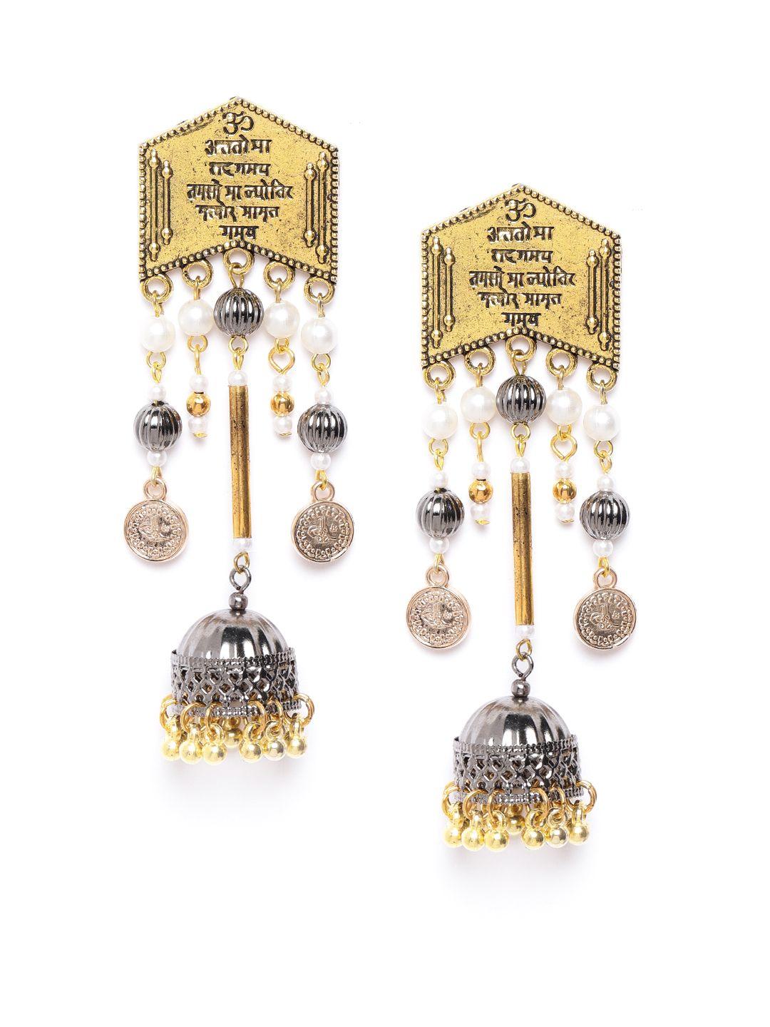 diva walk antique gold-toned & oxidised silver-toned beaded handcrafted jhumkas