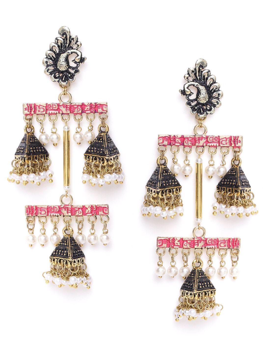 diva walk black & pink gold-plated beaded handcrafted dome shaped drop earrings