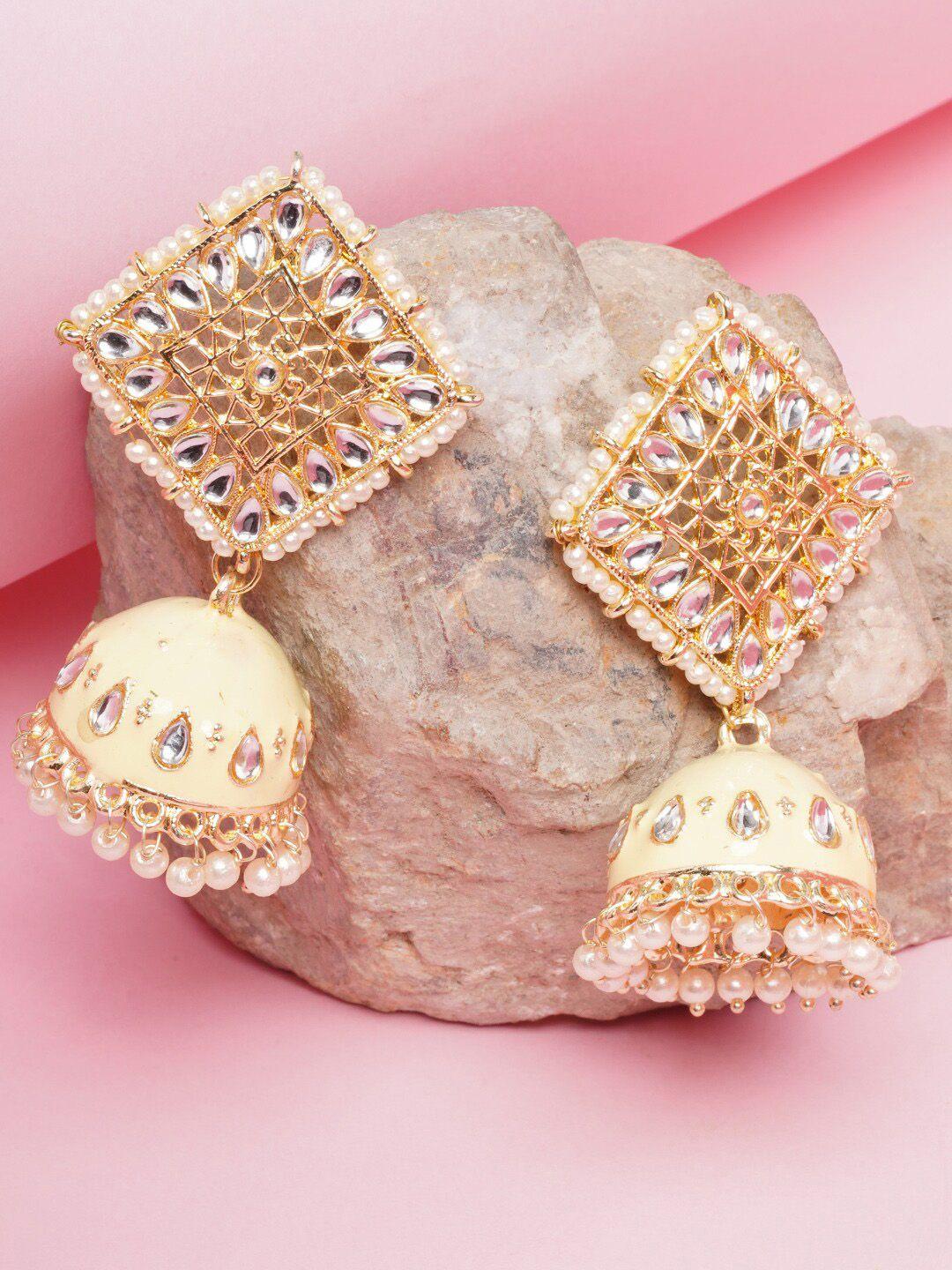 diva walk cream-coloured & gold-toned contemporary jhumkas earrings