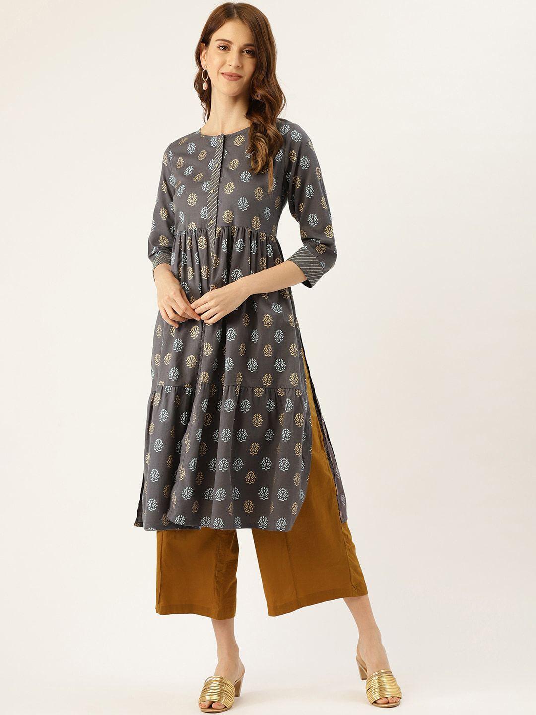 diva walk ethnic motifs printed tiered pleated a-line pure cotton kurta