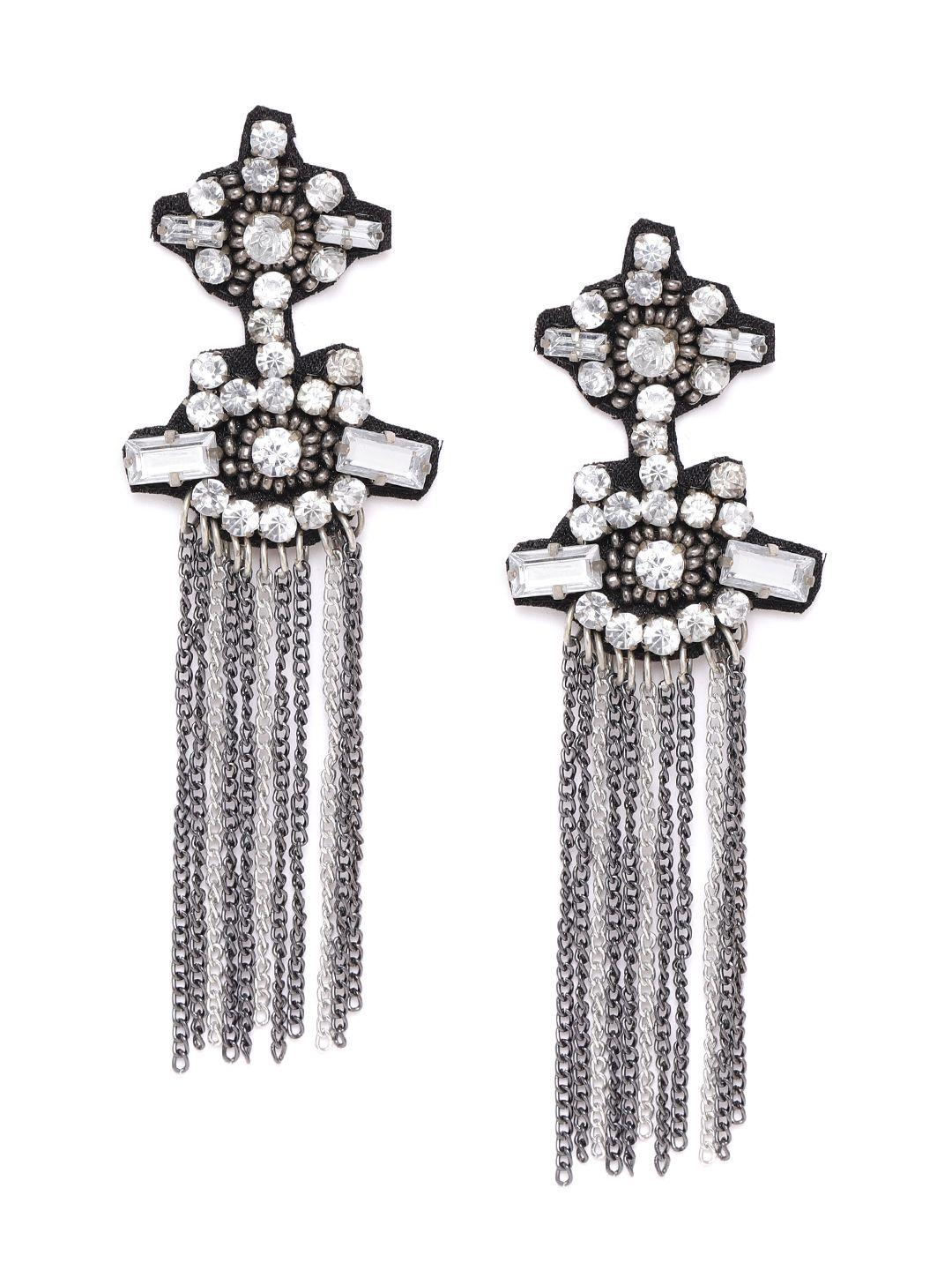 diva walk exclusive black & silver-toned stone-studded & beaded tassdiva walk exclusived drop earrings