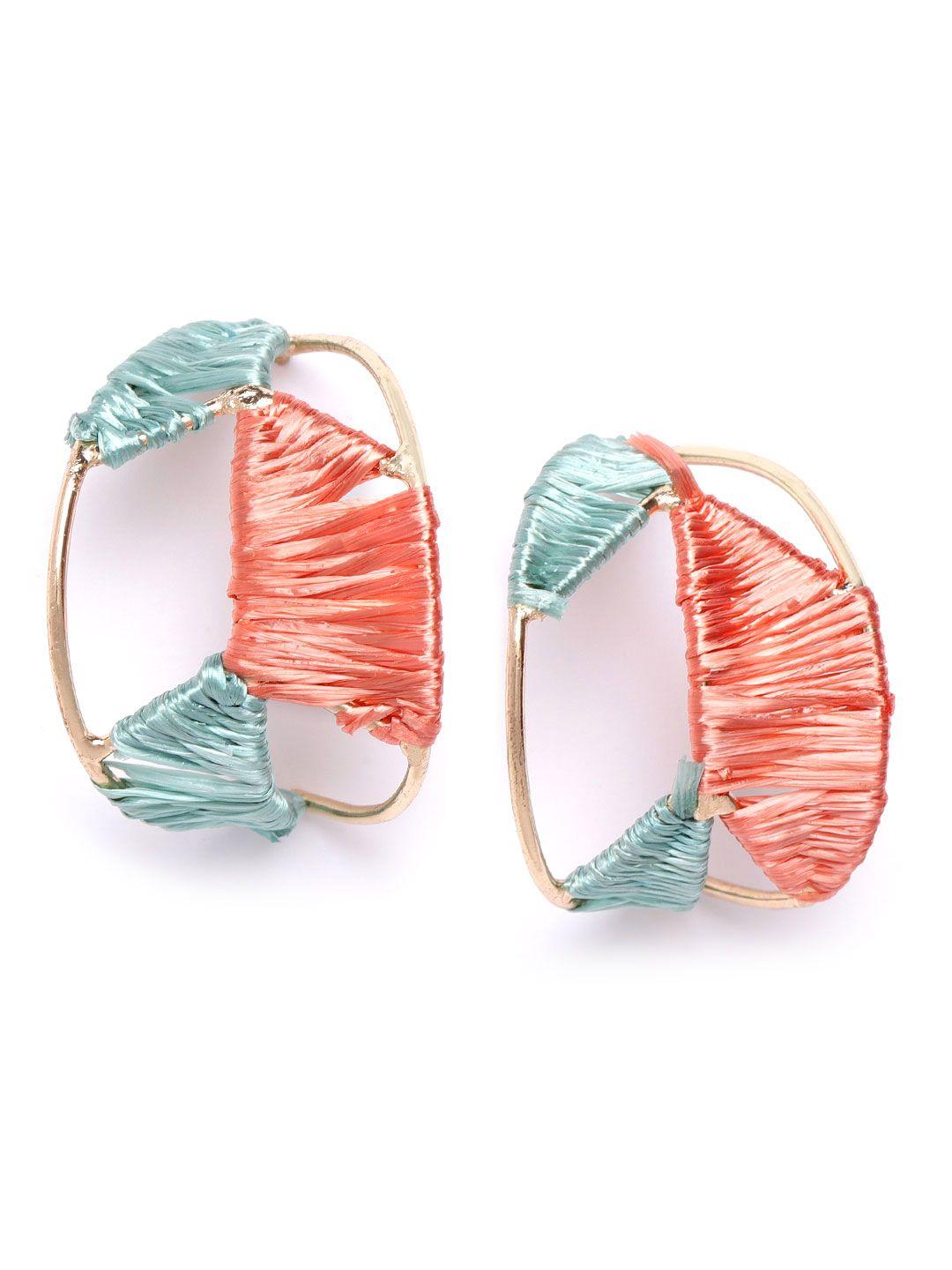 diva walk exclusive blue & coral pink thread detailed circular half hoop earrings