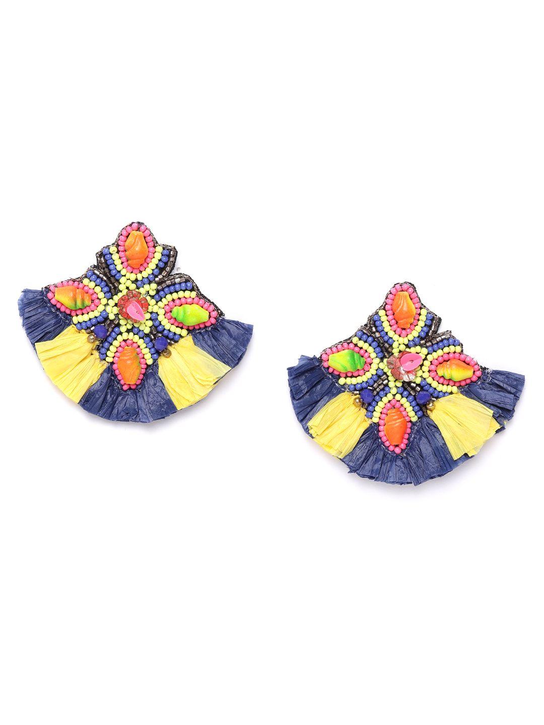 diva walk exclusive blue & yellow beaded & cowry shell detail contemporary drop earrings