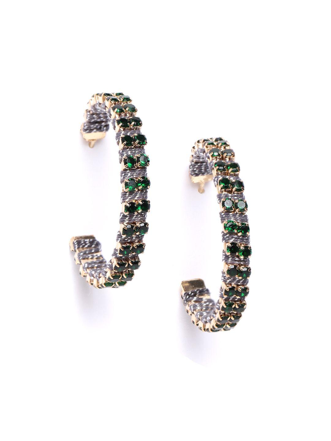 diva walk exclusive gold-toned & green stone-studded thread work detail circular half hoop earrings