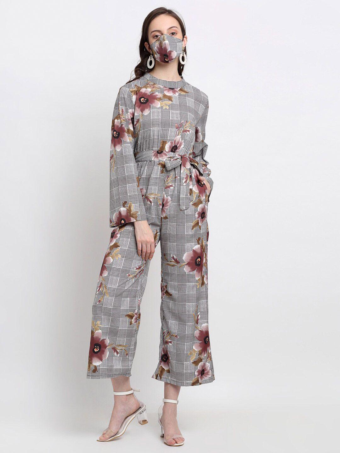 diva walk exclusive grey & brown printed basic jumpsuit with mask