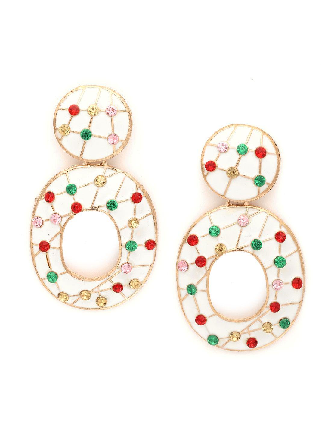 diva walk exclusive multicoloured gold-plated stone-studded handcrafted oval drop earrings