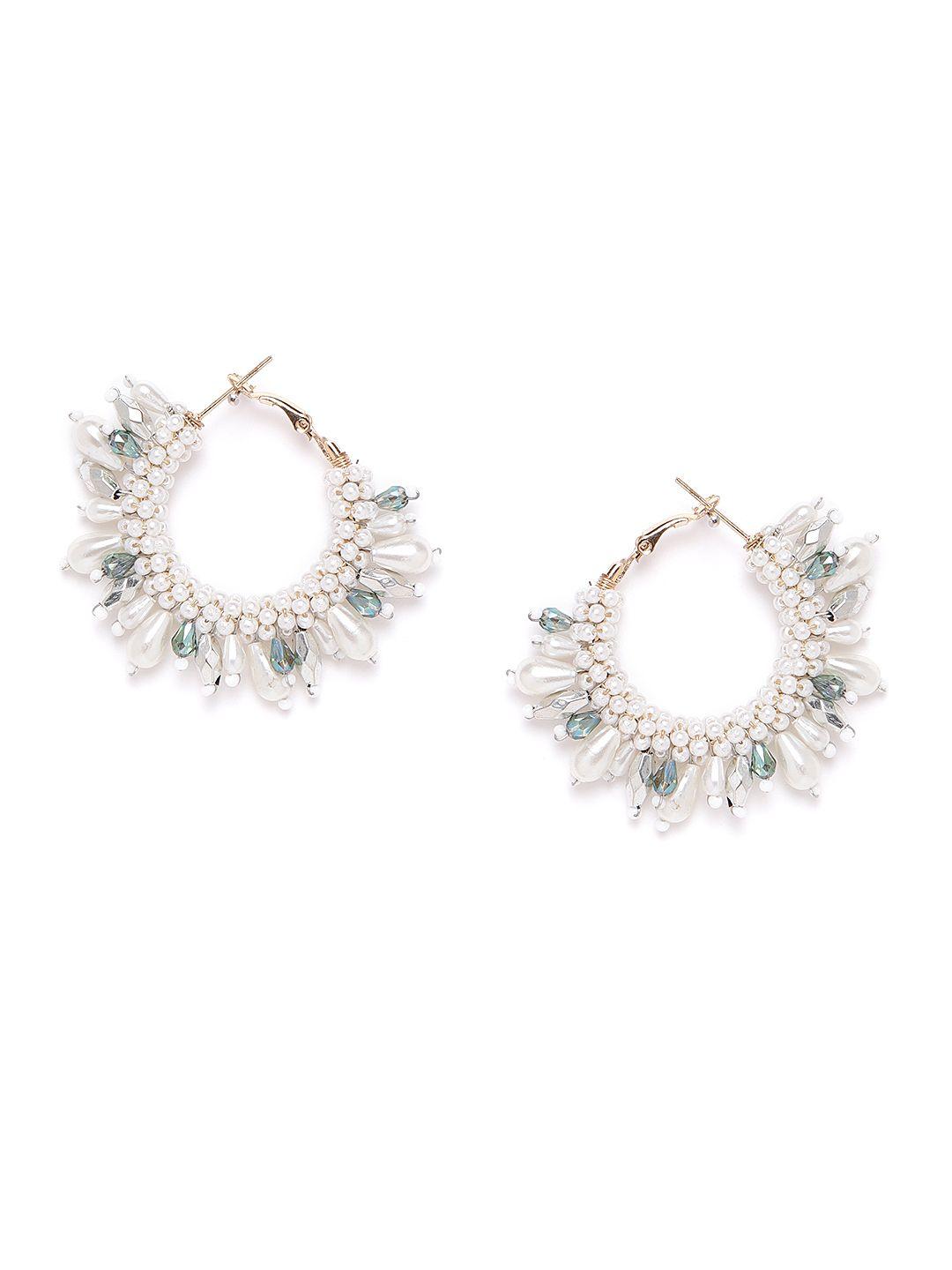 diva walk exclusive off-white & green silver-plated beaded circular hoop earrings
