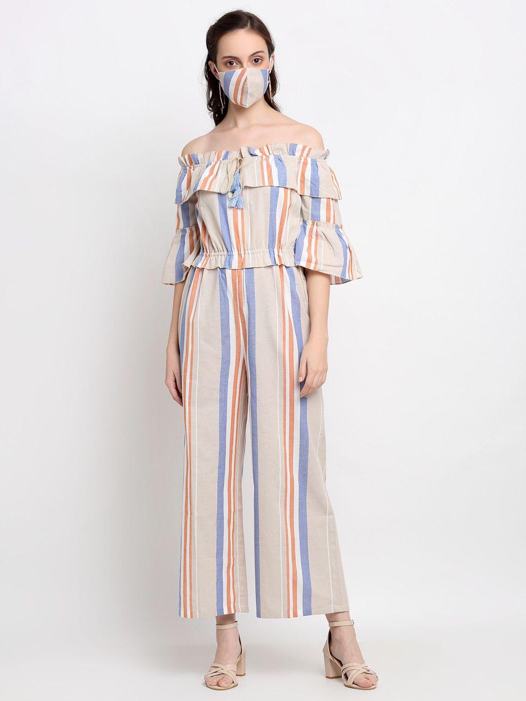 diva walk exclusive pink & blue off-shoulder striped basic jumpsuit with ruffles