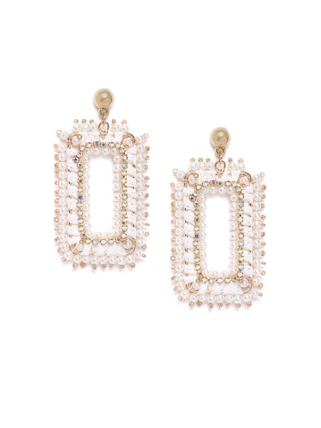 diva walk exclusive white gold-plated stone-studded beaded geometric drop earrings